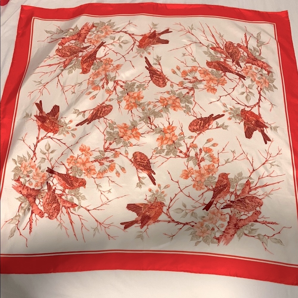 Vintage Orange and Cream Bird Print Scarf 100% Silk